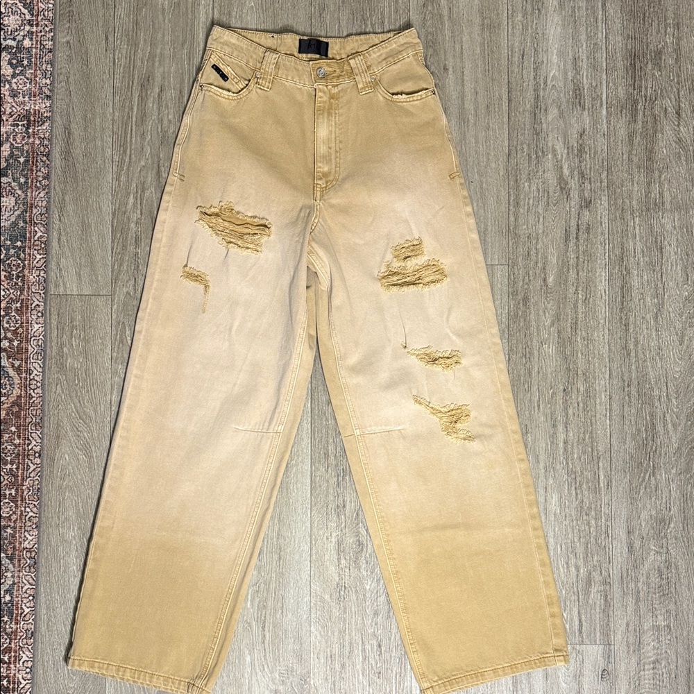 RtA Men's Beige Distressed Relaxed Jeans
